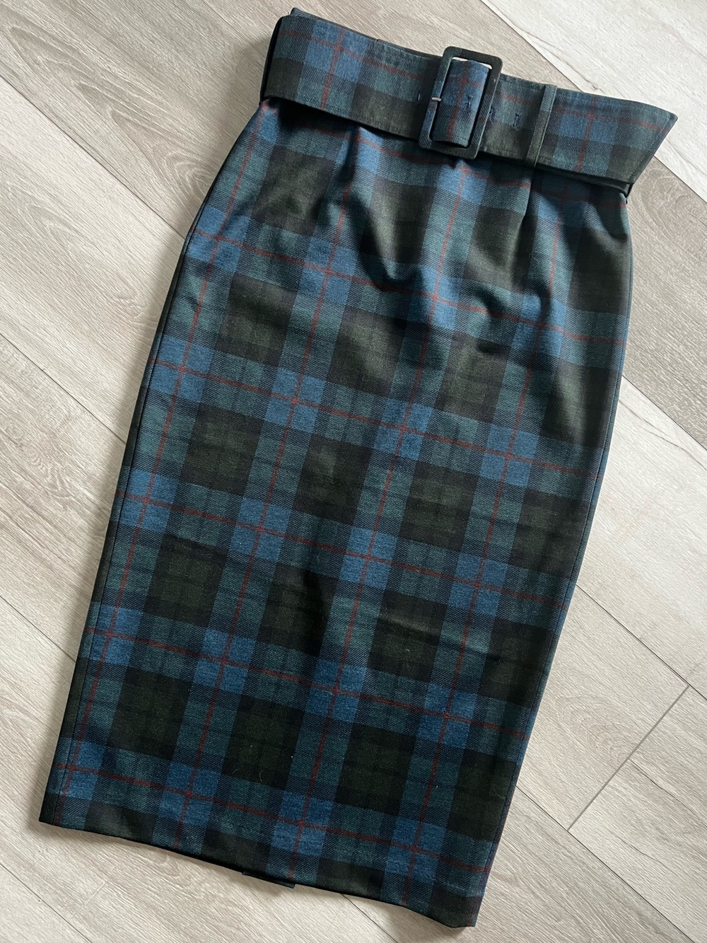 Plaid Belted Pencil Skirt in Navy and Forest Green